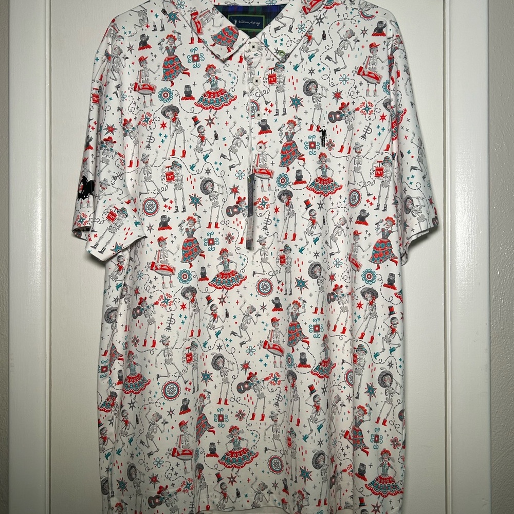 William Murray Golf White Polo with Red and Blue Patterns